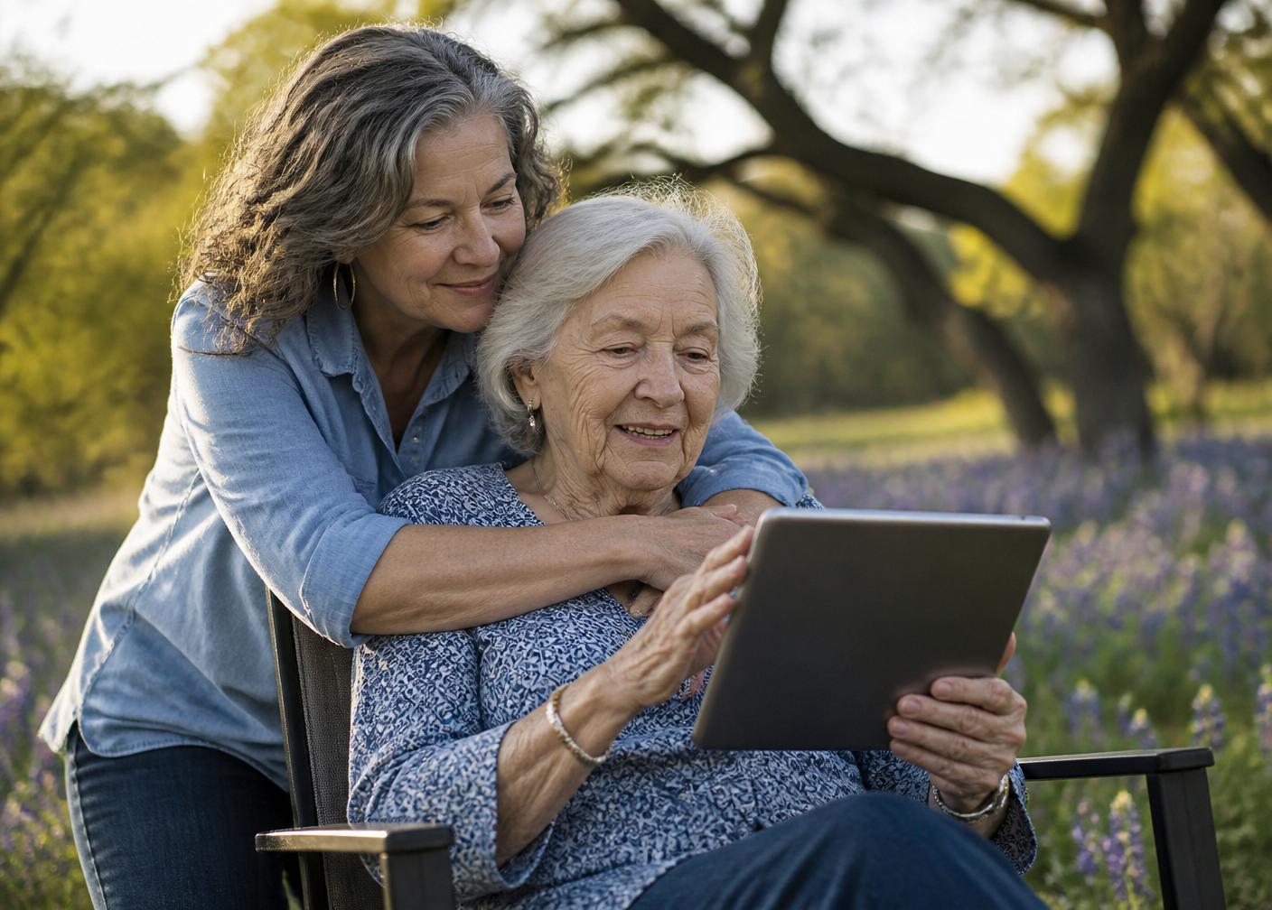 A daughter visiting her mother in the garden