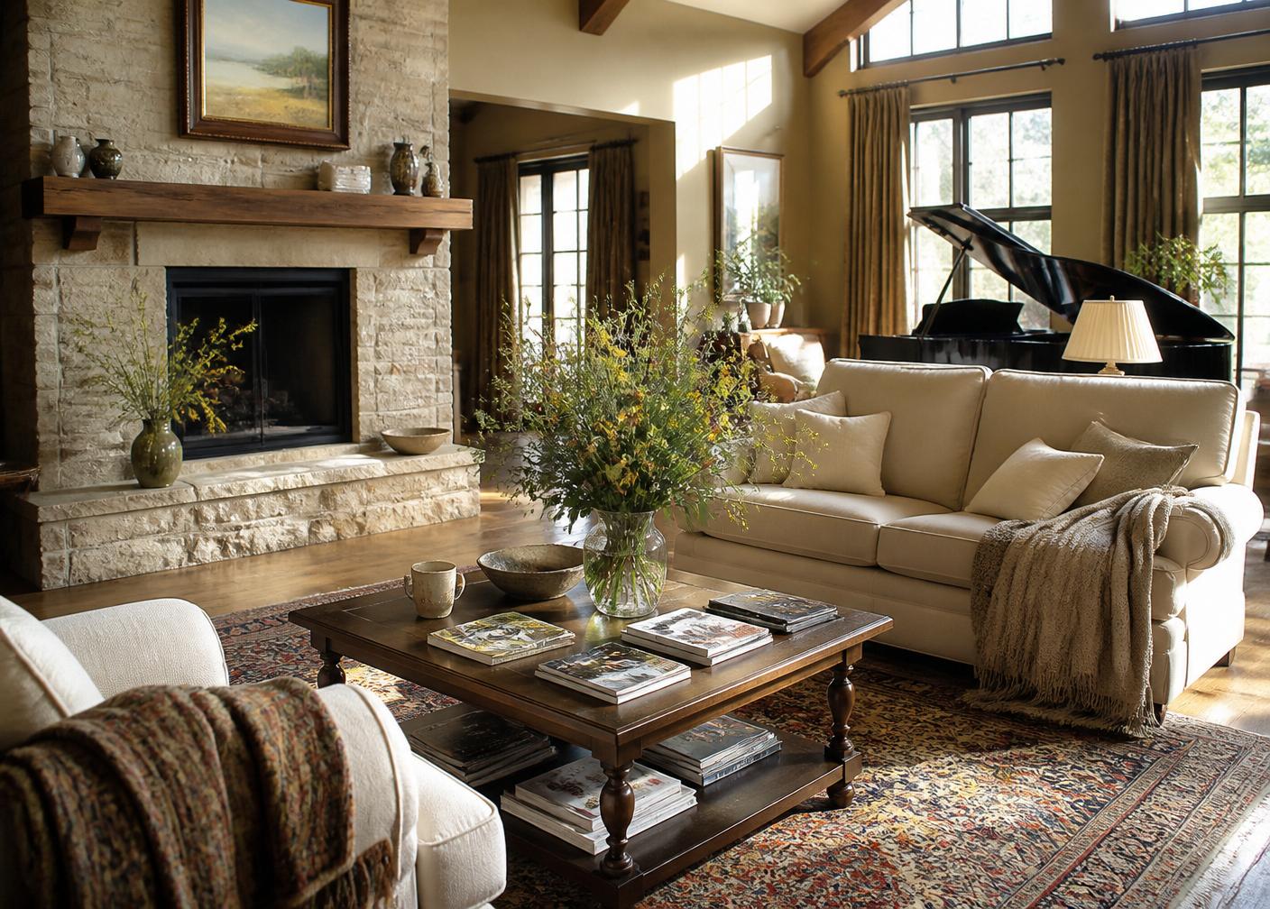 Welcoming great room with stone fireplace at Bluebonnet Trail Assisted Living in Plano, Texas
